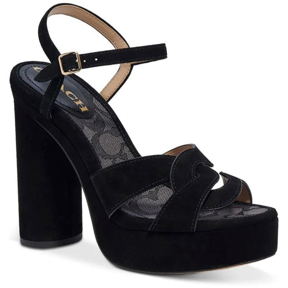 COACH Womens NEW Talina Black Suede Platform Block Heel Sandal | Size 9.5